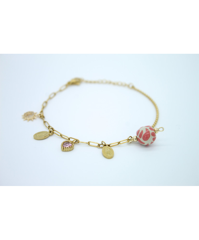 Pulsera de talavera rosa con aplicaciones en chapa de oro Pulsera de talavera rosa con aplicaciones en chapa de oro